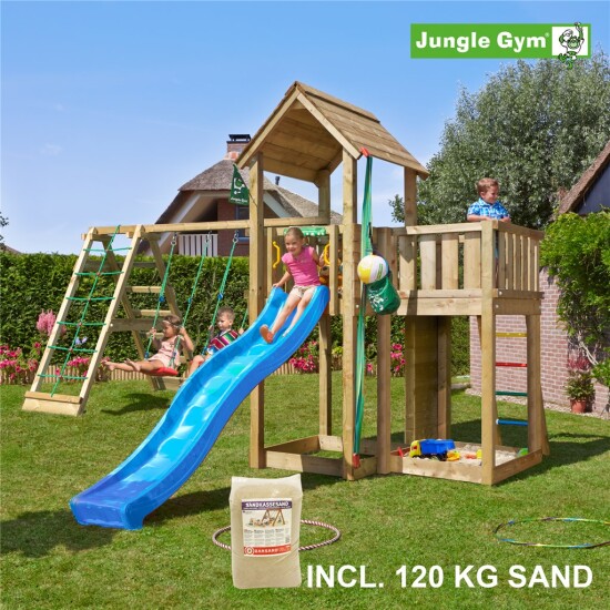 Legetårn komplet Jungle Gym Mansion inkl. Climb module x'tra, 120 kg sand og blå rutschebane