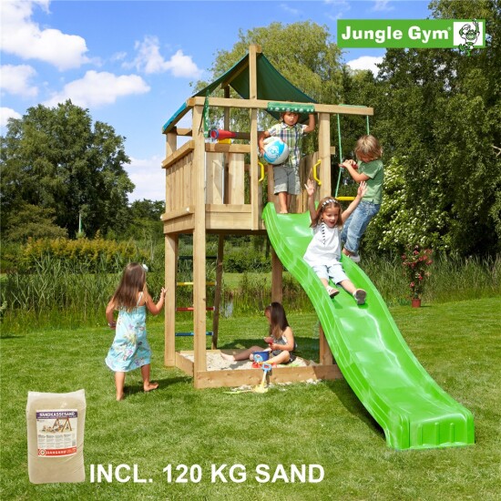 Legetårn komplet Jungle Gym Lodge inkl. 120 kg sand og grøn rutschebane