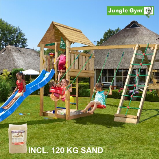 Legetårn komplet Jungle Gym Cabin inkl. Climb module x'tra, 120 kg sand og blå rutschebane