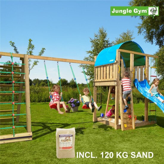 Legetårn komplet Jungle Gym Villa inkl. Climb module x'tra, 120 kg sand og blå rutschebane