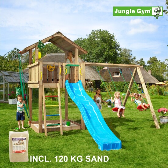 Legetårn komplet Jungle Gym Chalet inkl. Swing module x'tra, 120 kg sand og blå rutschebane